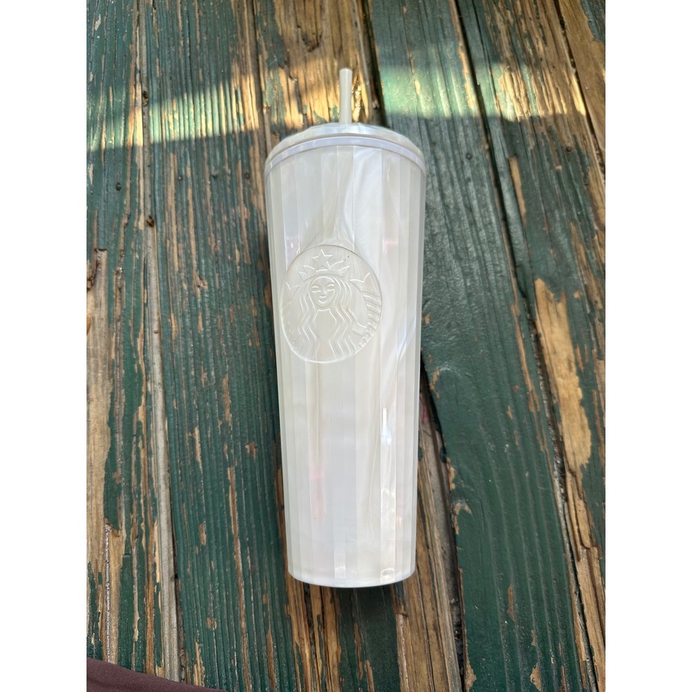 Starbucks Pearl White Marble Fluted Venti Tumbler 24oz Cold Cup with Lid & Straw